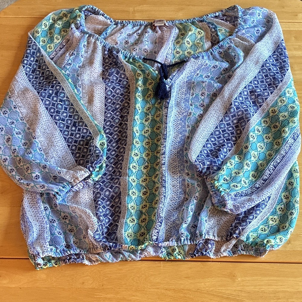 Arizona Jeans Blue Green White Peasant Blouse  L Western Boho Festival